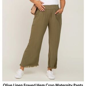 Maternity Olive Linen Frayed Hem Crop Pants